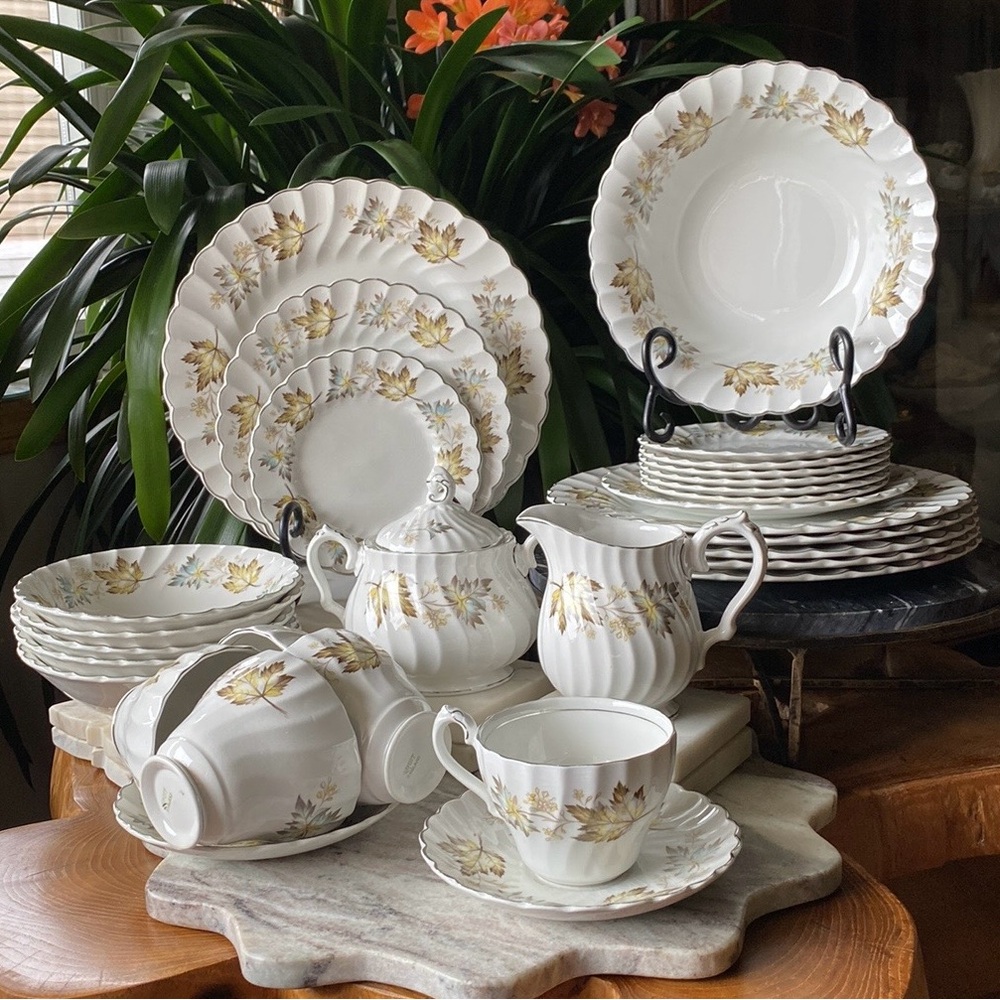 31 Piece Myott Fine White Ironstone Dinner Dish Set - Autumn Leaves + Platinum